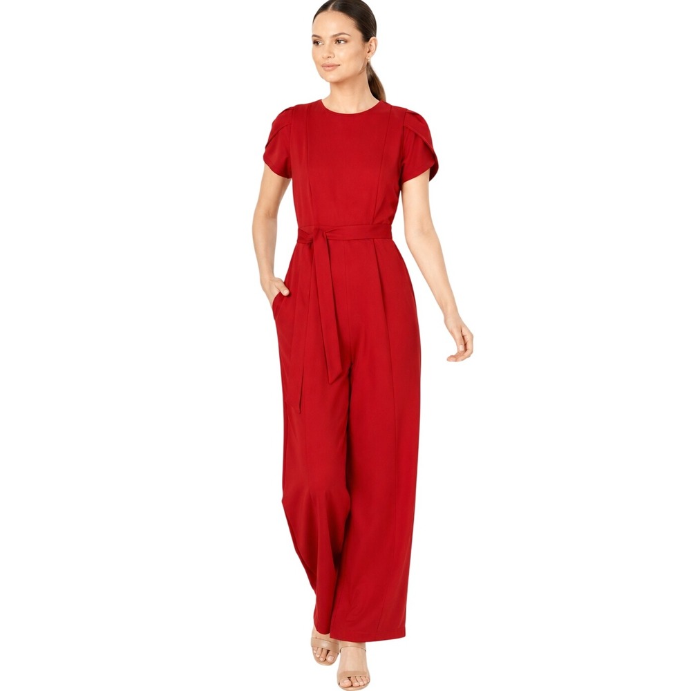 Calvin Klein Tulip Sleeve Tie Waist Jumpsuit Red sz 10 One Piece Wide Leg